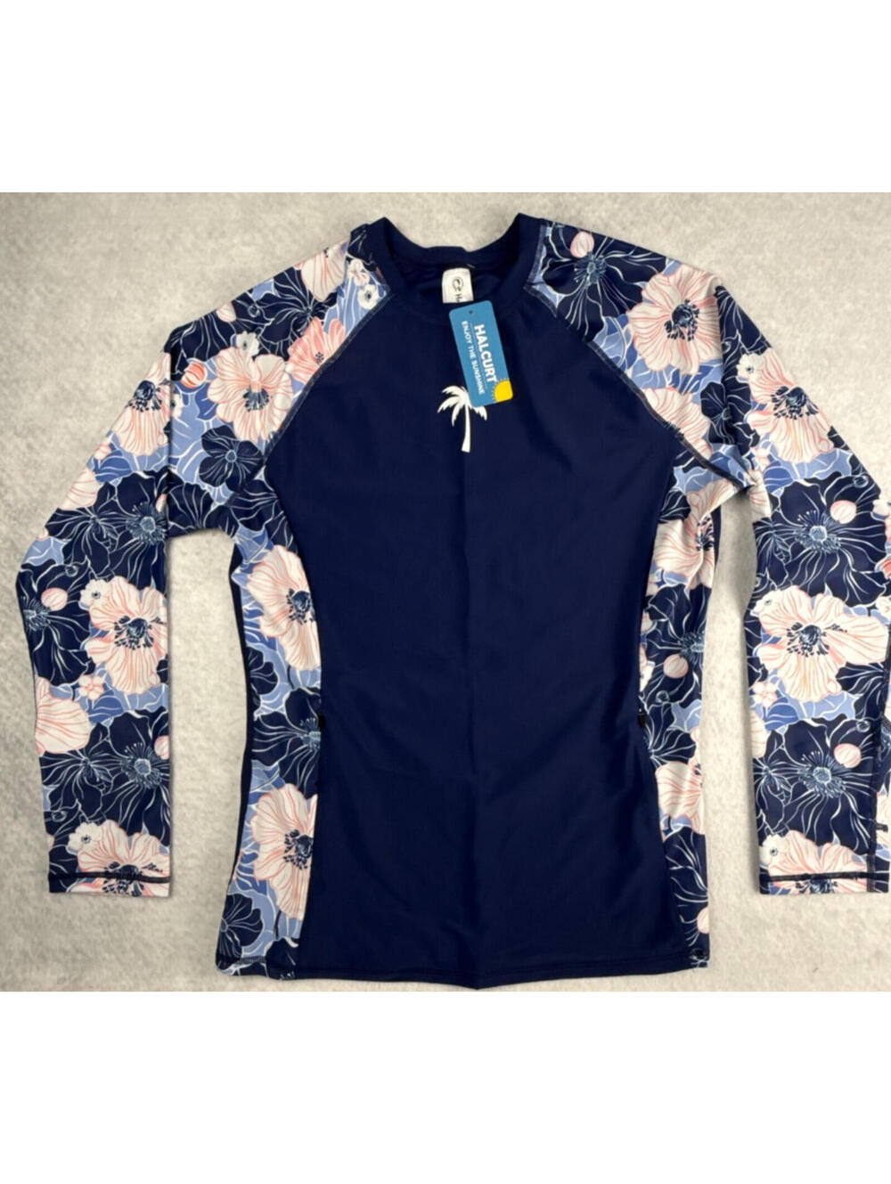 HALCURT Womens Large Blue Floral Long Sleeve Rash Guard Swim Shirt NWT